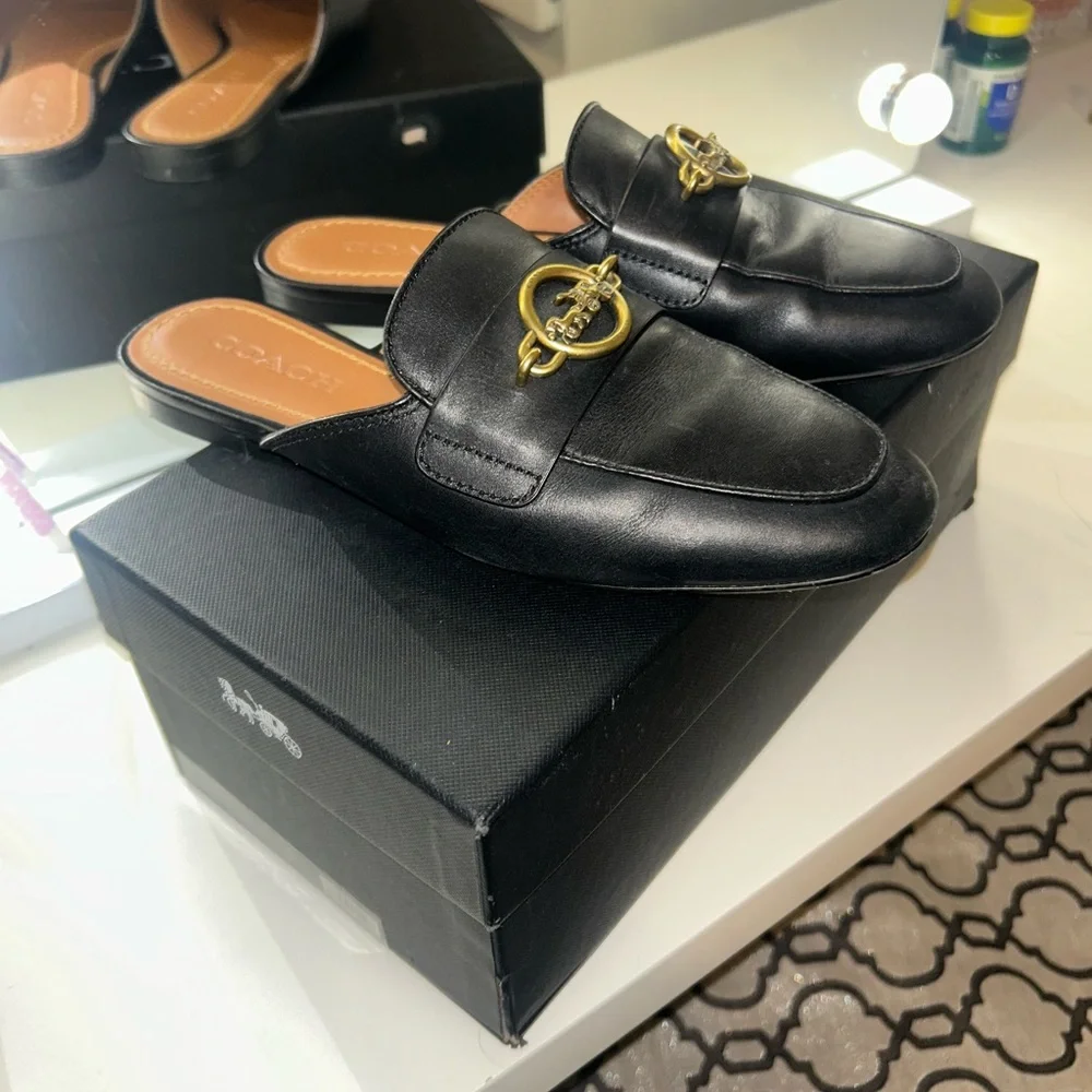Coach Black Leather Slide Mules with Gold Accent - Picture 1 of 5